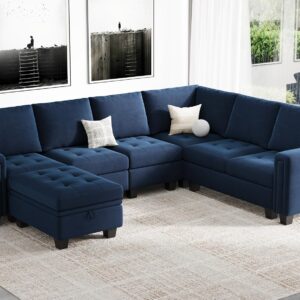 Belffin Modular Sectional Sofa Couch 7-Seater Convertible Sectional Sofa Velvet Modular Sectional with Storage Ottoman L Shaped Couch with Chaises Blue