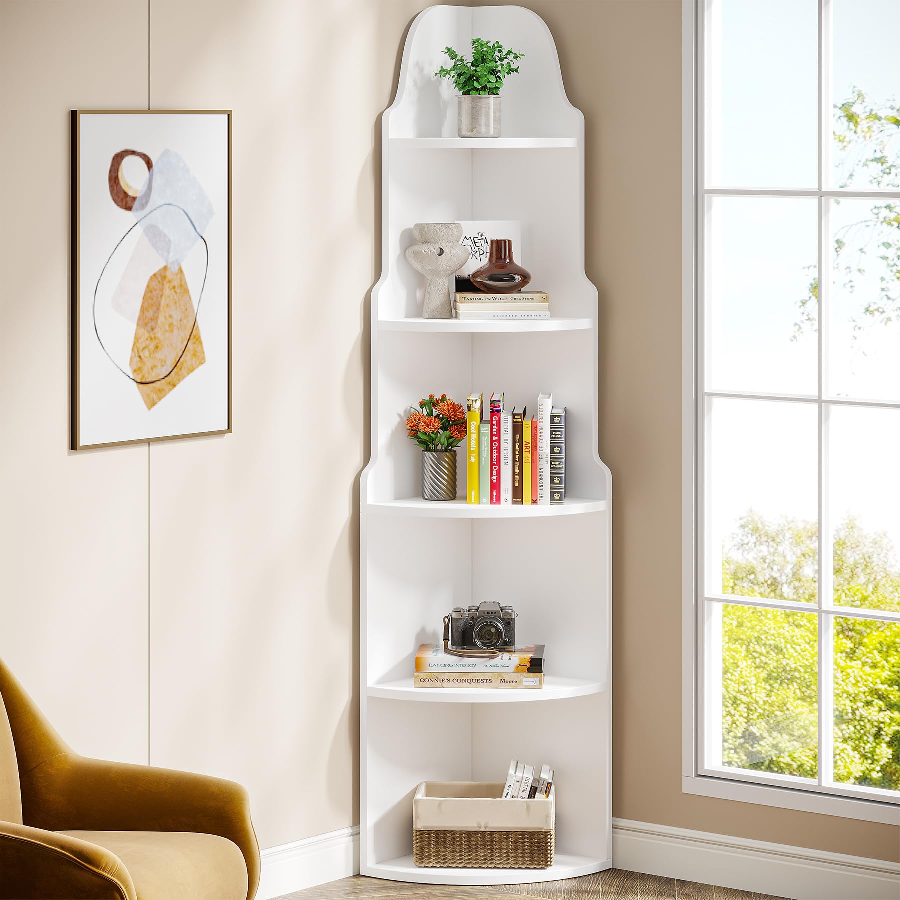 Tribesigns 69" White Corner Shelf, 5-Tier Modern Corner Bookshelf, Small Bookcase Plant Stand Storage Rack with Tower Shape for Living Room, Home Office, Kitchen