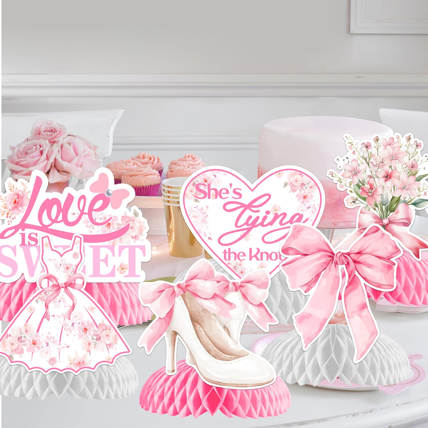 She's Tying the Knot Bachelorette Party Decorations Pink Bow Honeycomb Centerpieces Floral Diamond Ring Love Is Sweet Table Decor for Girls Bachelorette Bridal Shower Engagement Wedding Party Supplies