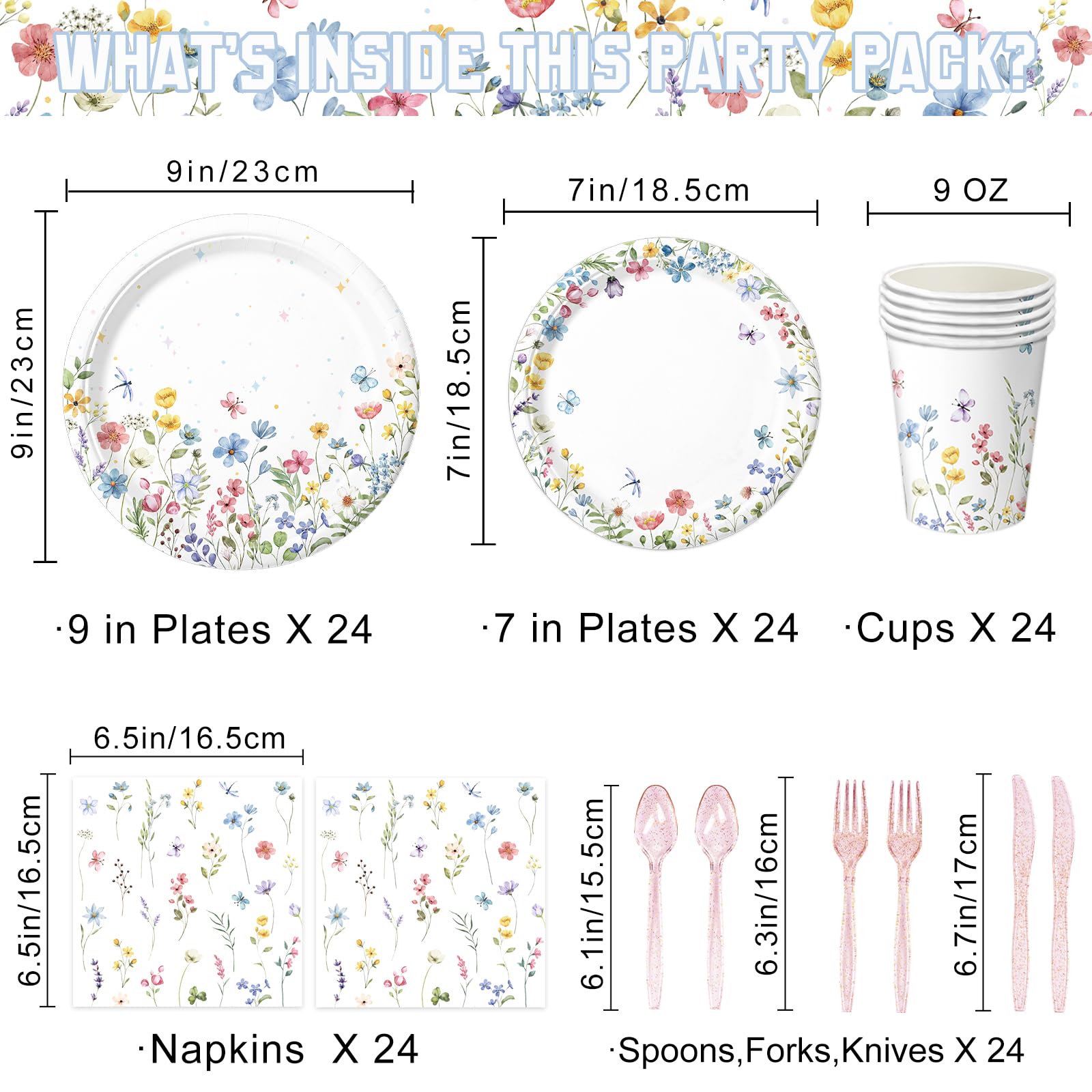 LINHAXM 168PCS Wildflower Party Decorations Spring Floral Baby Shower Birthday Decorations Include Plates, Cups, Napkins, Cutlery for Wildflower Baby Shower Tea Decorations, Serve 24