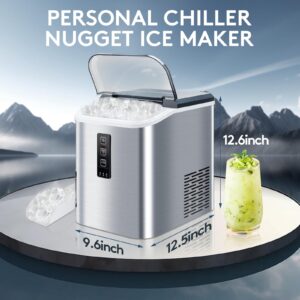 PERSONAL CHILLER Soft Nugget Countertop Ice Maker, 50lbs in 24H,Self-Cleaning Chewable Pellet Ice Machine for Kitchen,Party Bar Office,Camping, Stainless Steel Silver