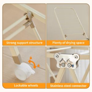 Kaixin Rabbit Foldable Clothes Drying Rack has 18 Rods，Waterproof and Rust-Proof Coating，Lockable Wheels，Steel Laundry Drying Rack，Collapsible for Easy Storage，Works Both Indoors and Out (Cream)