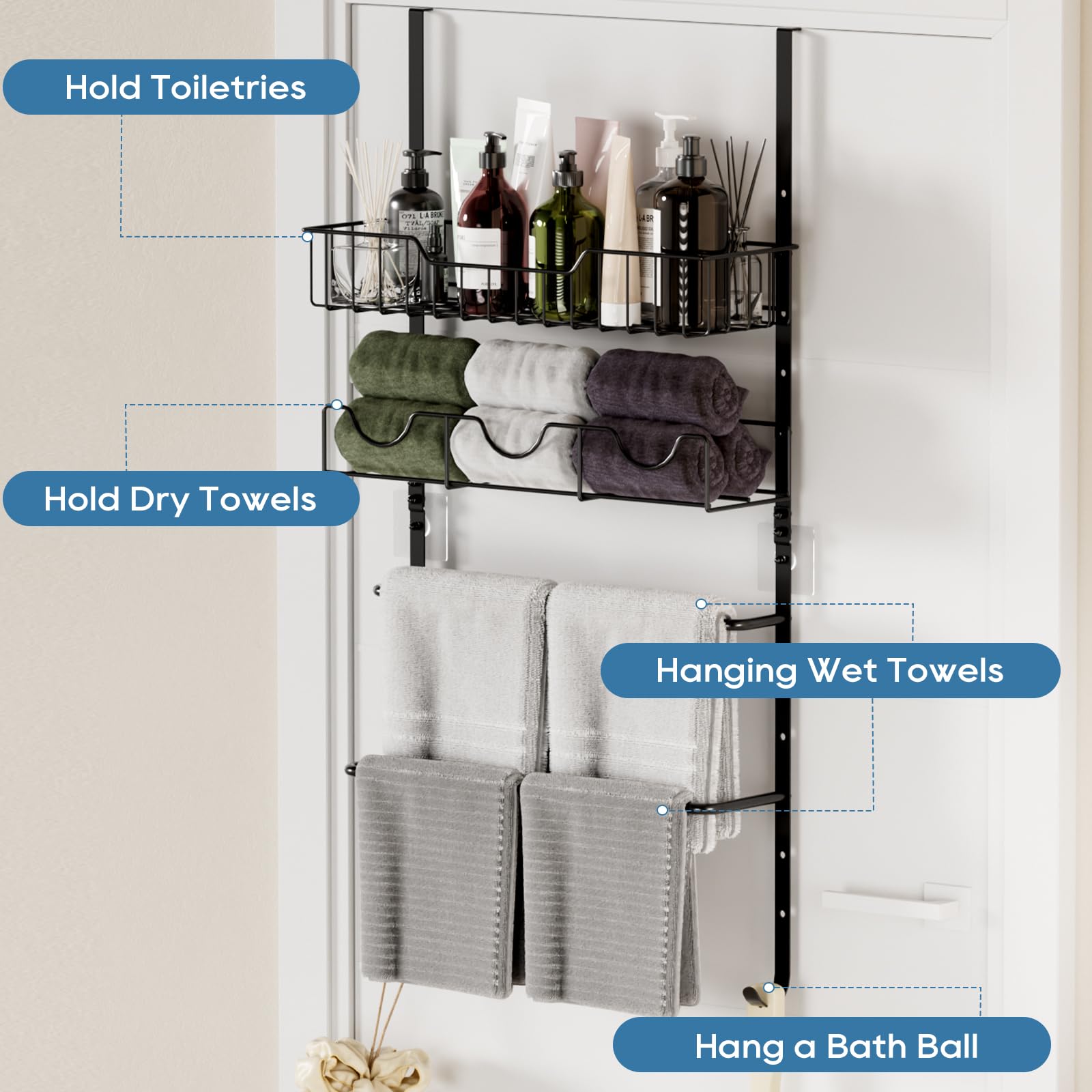 PAPAGIFTREE 4 Tiers Towel Racks for Bathroom Door Adjustable Bathroom Towel Holder with Storage Basket Towel Storage for Bathroom Towel Bar for Bathroom Over The Door Towel Bar for Bathroom