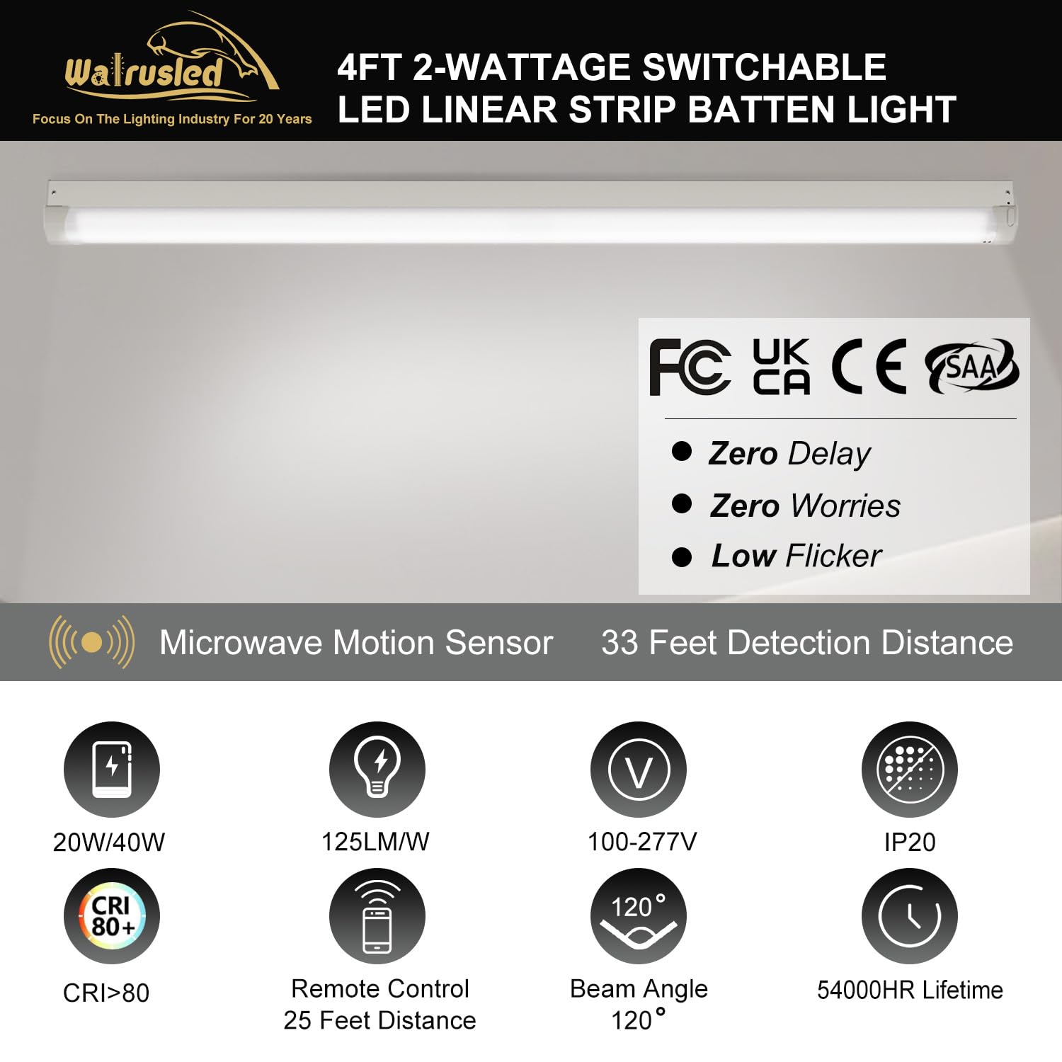 4FT Tri-Level Motion Sensor LED Linear Strip Stairwell Light with Remote, 2 Watt Selectable 20W/40W 2500lm/5000lm, 5000K, 100-277V, IP20, Dimmable 4 Foot Commercial LED Shop Ceiling Light Fixture, FCC