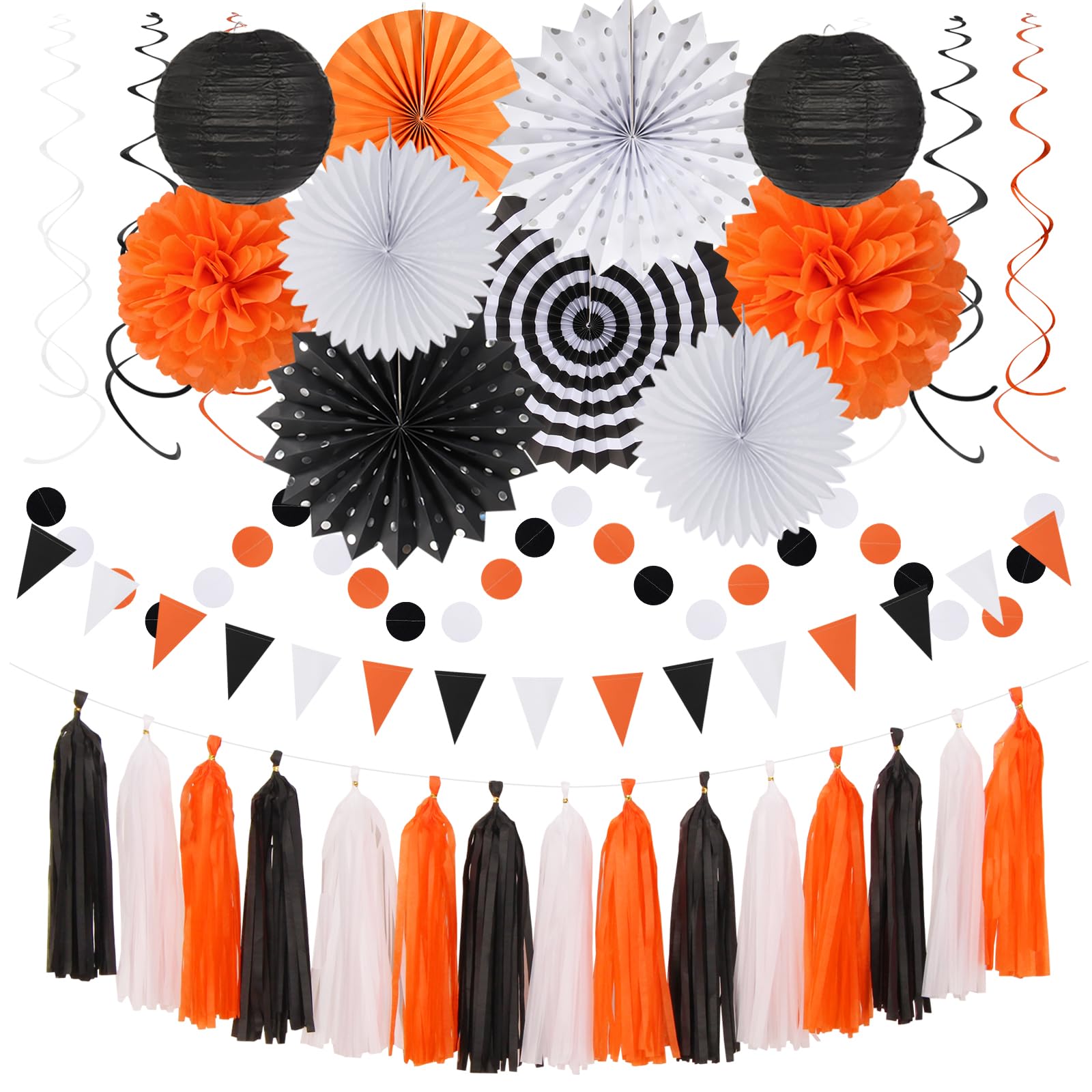 Black White Orange Halloween Party-Decorations - 33pcs Birthday Banner,Streamers Tassel Garland,Paper Lantern Fans,Tissue Pom Poms,Bachelorette Baby Bridal Shower Graduations Backdrop Decor Hugtmr