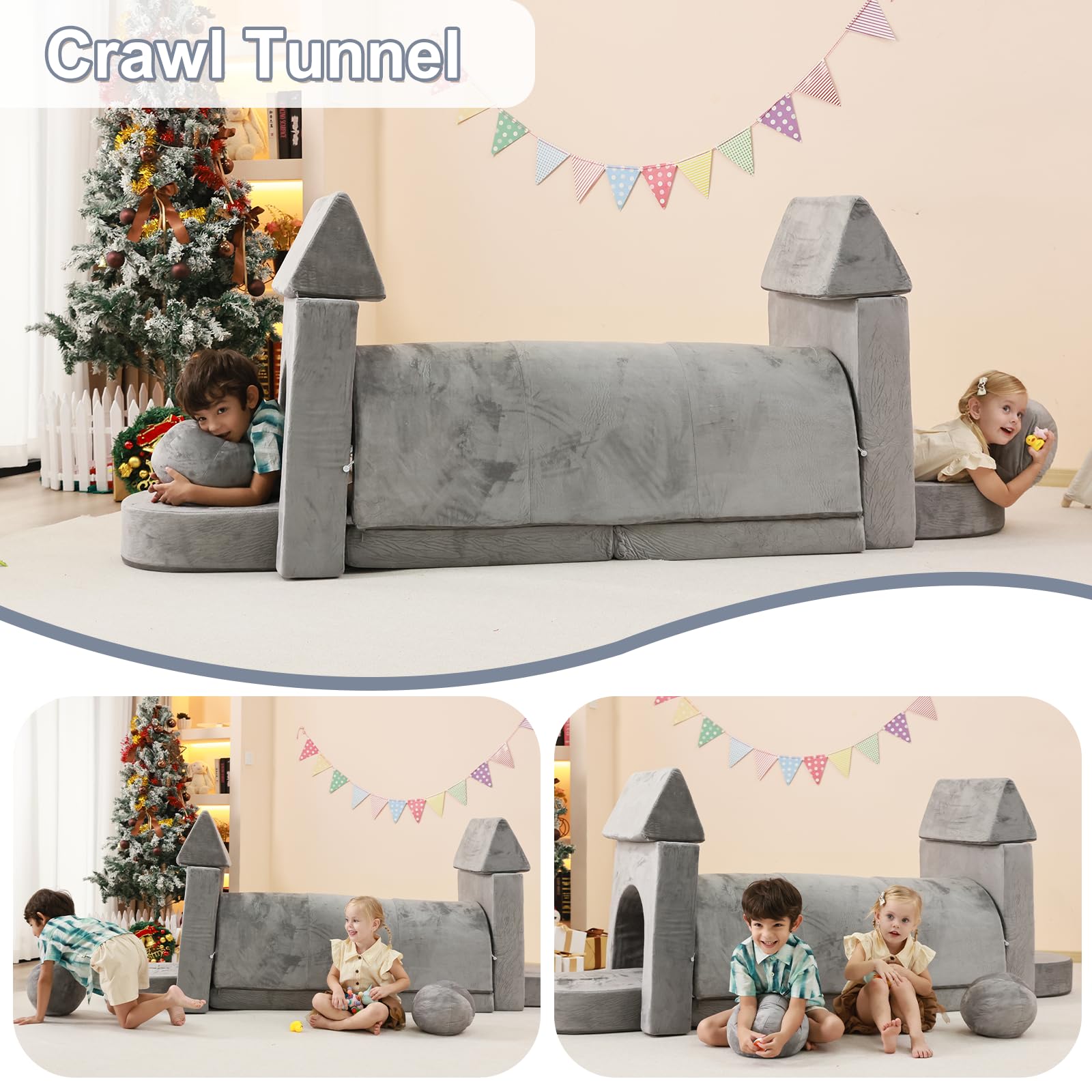 AiWMGL Nugget Couch Kids Grey with Crawl Tunnel Convertible Play Mat, Modular Play Couch for Toddlers 1-3, Kids Couch Building Fort 1-10 Years, Floor Soft Foam Sofa for Toddler