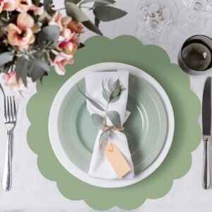 60 Pcs Sage Green Paper Placemats, 13.5 Inch Scalloped Disposable Placemats Round Table Placemats Decorative Paper for Birthday Wedding Banquet Party