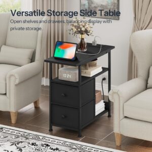 HOOBRO Narrow End Table with Charging Station, Side Table with Outlet, Nightstand with 2 Fabric Drawers, Couch Table, for Living Room, Small Spaces, Bedroom, Black BB488UBZ01