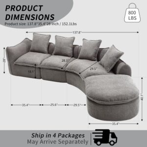 Haplized 137.8” Curved Boucle Sofa Couch, Modern Sectional Sofa Cloud Deep Seat Couch with 4 Pillows, Comfy Modular 5-Seat Couches for Living Room Apartment (Grey)