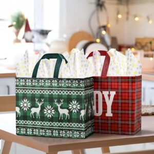 STYPOP 2 Pack 13" Large Christmas Gift Bags with Tissue Paper, Reusable Christmas Tote Bags with Handles, Non-Woven Holiday Gift Bags for Christmas Gift Wrap/Party Favor Supplies, 12.8"*10.2"*6.3"