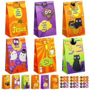 spakon 36 pcs religious halloween candy bag party favors with 36 stickers trick or treat candy favor bag filler paper supplies for religious halloween theme party decorations gifts to friends