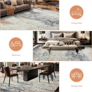 Area Rug for Living Room: Machine Washable Rugs for Bedroom 5x7 Indoor Abstract Rug Low Pile Dining Room Rug Non-Slip Farmhouse Area Rug Stain Resistant Office Rug - Beige Blue