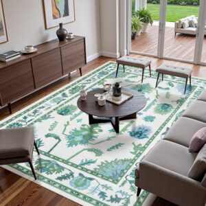 Uphome Area Rug 8x10 Rugs for Living Room, Green Non-Slip Washable Bedroom Rug, Soft Oriental Turkish Dining Room Rug, Modern Oushak Floral Room Rug for Office Playroom Guest Room