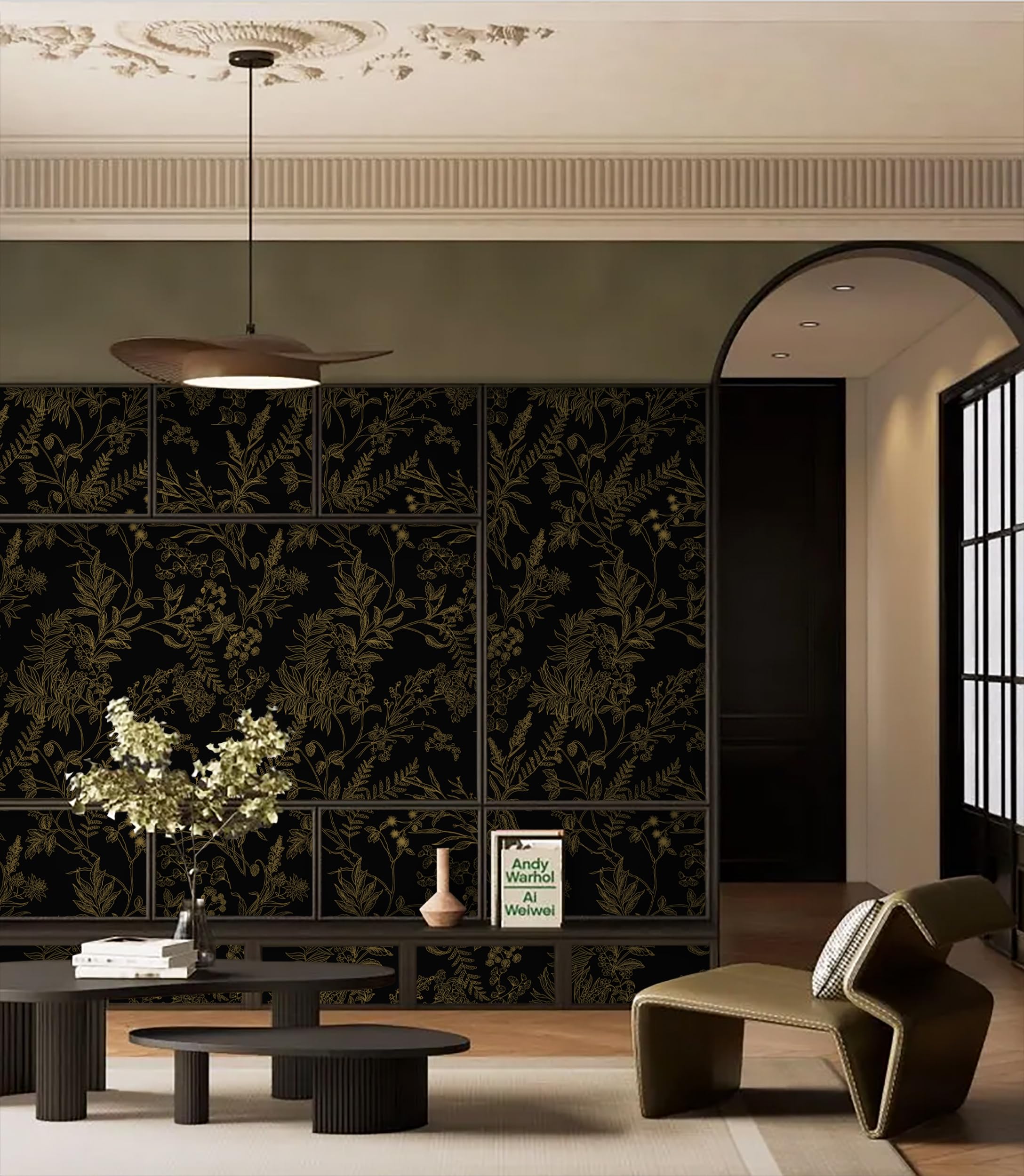 EeeComing Peel and Stick Wallpaper Black and Gold Floral Wallpaper Gold Floral Contact Paper Removable Self Adhesive Wallpaper for Wall Cabinets Vinyl Roll 78.7"x17.3"