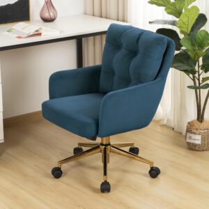 TXIWVER Velvet Home Office Desk Chair, Modern Adjustable Swivel Task Chair with Gold Base, Comfy Lumbar Support Computer Desk Chairs with Wheels, Bedroom Cute Vanity Chair for Women, Girls, Blue