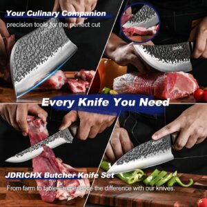 JDRICHX Butcher Knife Set,4 PCS Ultra Sharp Hand Forged Serbian Chef Knife Meat Cleaver Boning Viking Knife Set-Full Tang Knife set,High Carbon & Ergonomic Handle,for Home Cooking,Outdoor BBQ&Camping