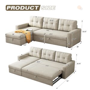 YOPTO 81.5" Sectional Sleeper Sofa with Storage Chaise, L Shaped Pull Out Couch Bed with 3 Removable Back Cushion for Living Room, Apartment,Office,Beige