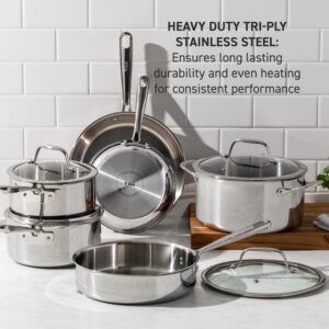 T-fal Pro Tri-Ply Stainless Steel Cookware Set 3 Piece, Induction Compatible, Oven Safe 500F, Fast & Even Heat, Professional Quality & Durability, Pots & Pans Set, Fry Pan Set, Dishwasher Safe, Silver