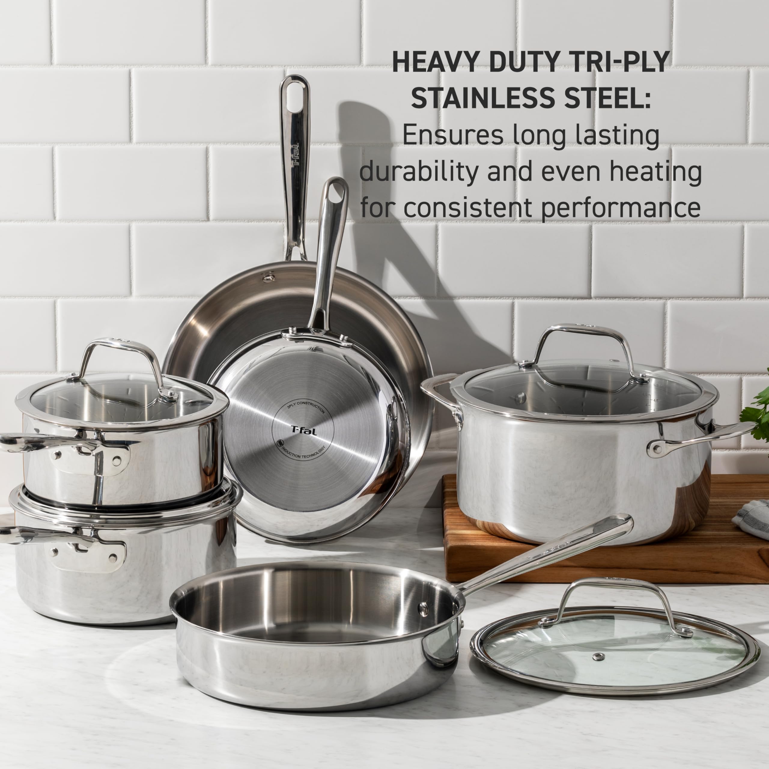 T-fal Pro Tri-Ply Stainless Steel Cookware Set 3 Piece, Induction Compatible, Oven Safe 500F, Fast & Even Heat, Professional Quality & Durability, Pots & Pans Set, Fry Pan Set, Dishwasher Safe, Silver