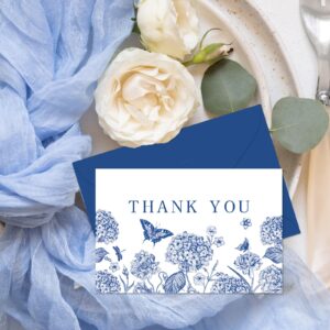 Whaline 24Pcs Blue Floral Thank You Cards with Envelopes and Stickers Blue Flower Butterfly Greeting Cards Vintage Blank Note Cards for Wedding Bridal Baby Shower