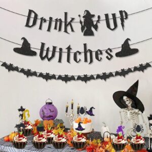 Stcomart Pre-Strung Glitter Drink Up Witches Banner for Halloween Witch Decorations, Witch Halloween Decor, Halloween Party Decorations, Black