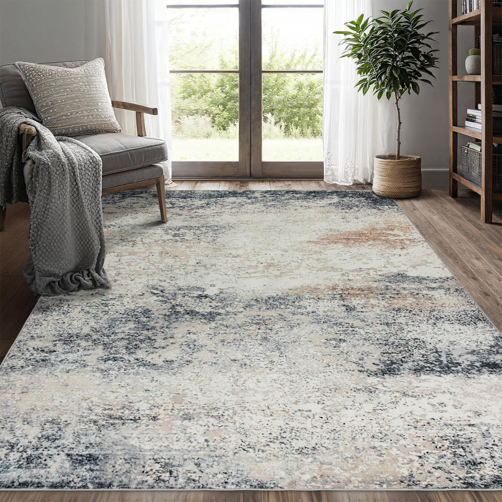 Area Rug for Living Room: Machine Washable Rugs for Bedroom 5x7 Indoor Abstract Rug Low Pile Dining Room Rug Non-Slip Farmhouse Area Rug Stain Resistant Office Rug - Beige Blue