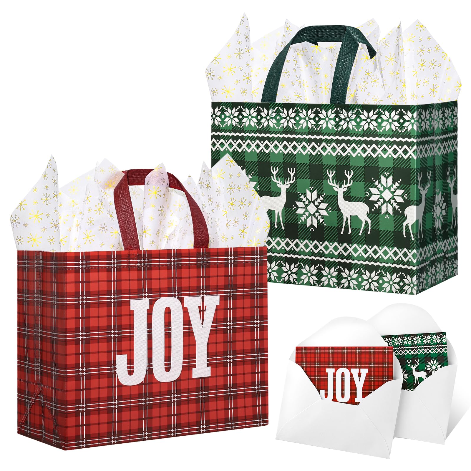 STYPOP 2 Pack 13" Large Christmas Gift Bags with Tissue Paper, Reusable Christmas Tote Bags with Handles, Non-Woven Holiday Gift Bags for Christmas Gift Wrap/Party Favor Supplies, 12.8"*10.2"*6.3"