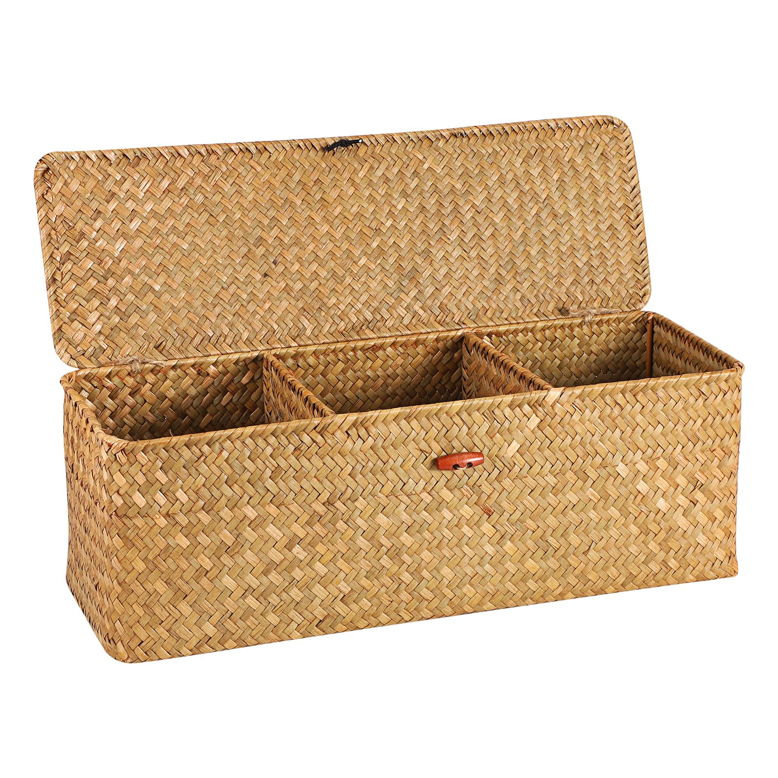 Moosky Wicker Shelf Baskets with Lid, Seagrass Basket for Storage Rectangular Woven Baskets Boxes 3-Section Home Decor Organizer (Natural, Large)