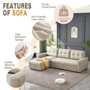 YOPTO 81.5" Sectional Sleeper Sofa with Storage Chaise, L Shaped Pull Out Couch Bed with 3 Removable Back Cushion for Living Room, Apartment,Office,Beige