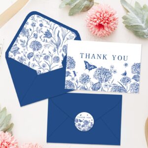 Whaline 24Pcs Blue Floral Thank You Cards with Envelopes and Stickers Blue Flower Butterfly Greeting Cards Vintage Blank Note Cards for Wedding Bridal Baby Shower