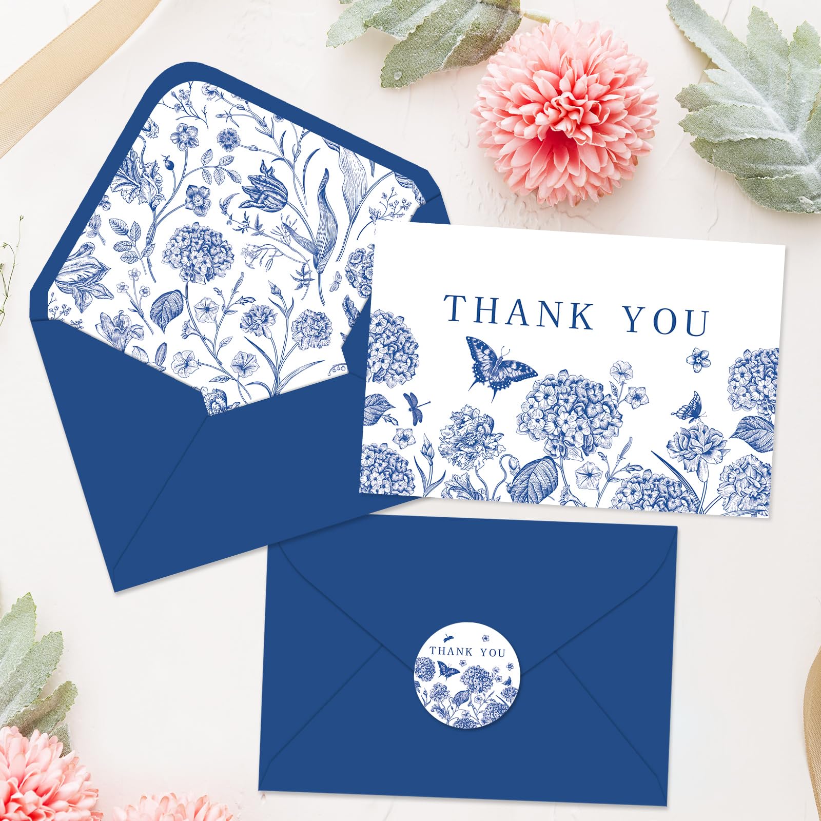 Whaline 24Pcs Blue Floral Thank You Cards with Envelopes and Stickers Blue Flower Butterfly Greeting Cards Vintage Blank Note Cards for Wedding Bridal Baby Shower