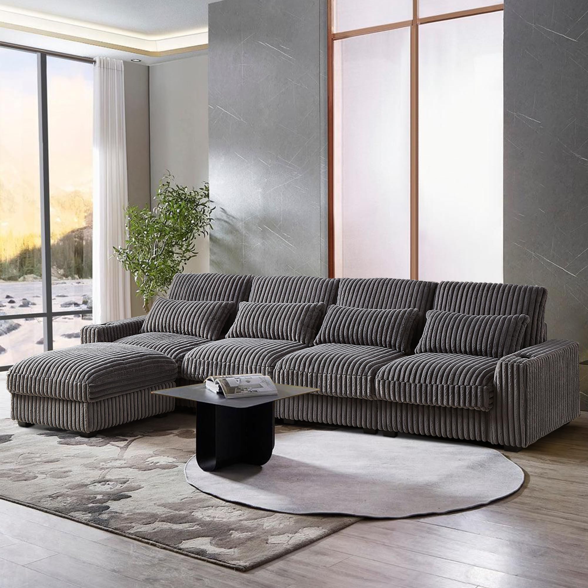 BUIORD 128" Oversized Modular Corduroy Sofa,L-Shaped Upholstered Sofa with Ottoman&Cup Holders,4-Seater Convertible Sofa with Charge Port&Waist Pillows&Back Cushion for Living Room (Grey)