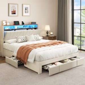 DWVO LED Bed Frame King Size, Storage Bed Frame with 4 Drawers & LED Light, Upholstered Platform Bed with Storage Bookcase Headboard and Charging Station, No Box Spring Needed, Easy Assembly, Beige