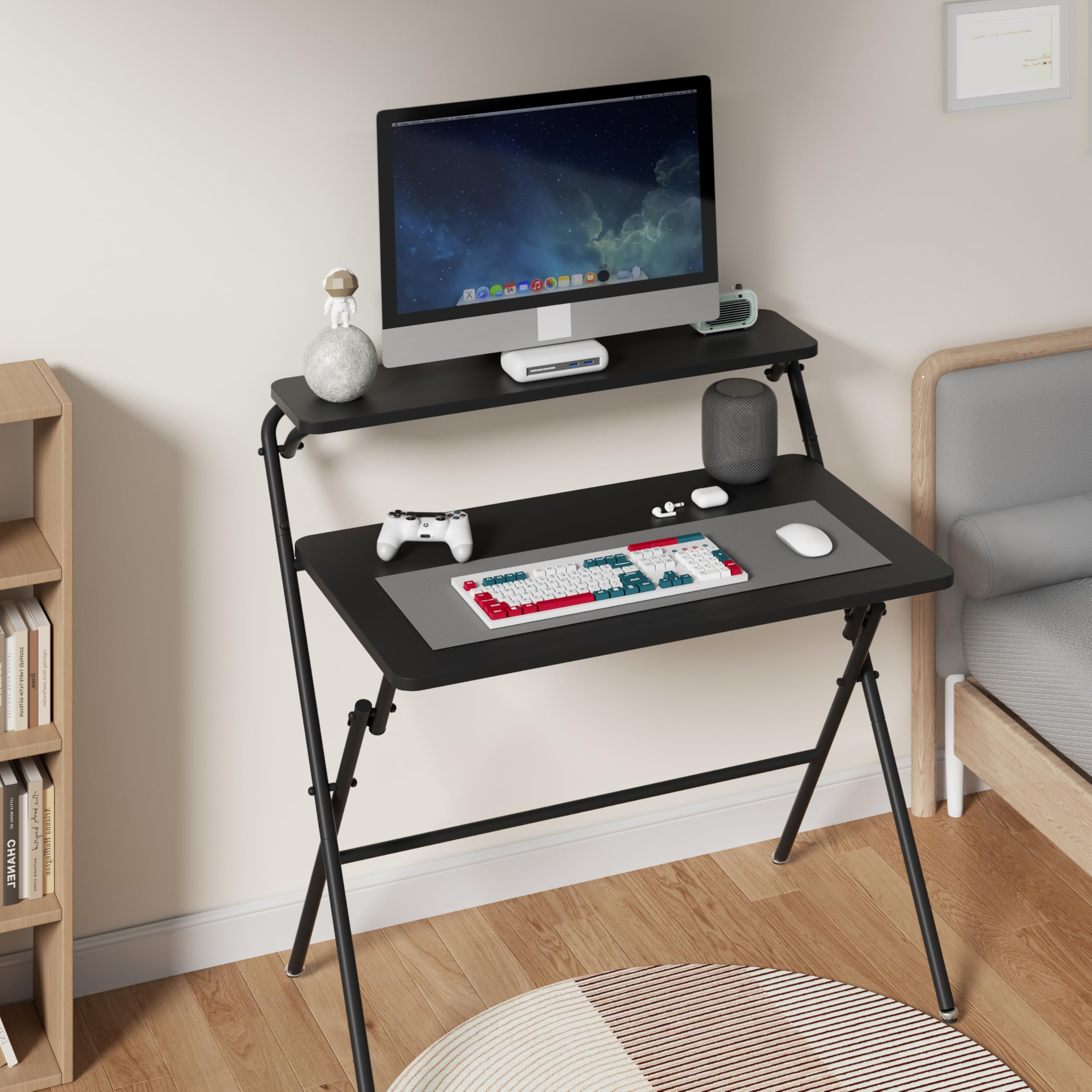 Vipass Small Folding Home Office Desk,2-Tier Foldable Computer Desk,Space Saving Portable Laptop Study Foldable Table for Small Spaces,Black