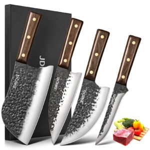 jdrichx butcher knife set,4 pcs ultra sharp hand forged serbian chef knife meat cleaver boning viking knife set-full tang knife set,high carbon & ergonomic handle,for home cooking,outdoor bbq&camping