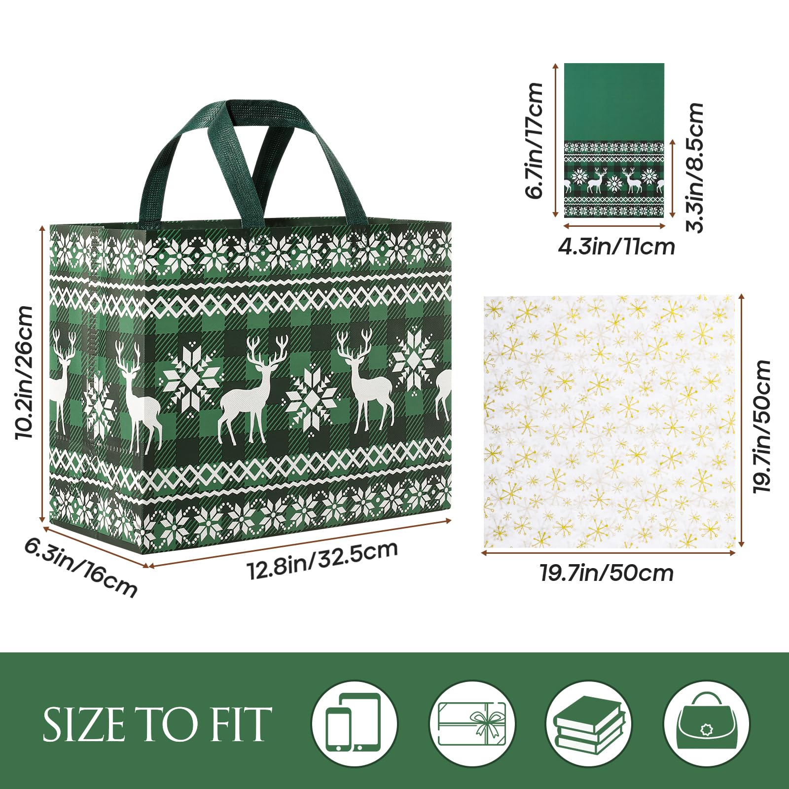 STYPOP 2 Pack 13" Large Christmas Gift Bags with Tissue Paper, Reusable Christmas Tote Bags with Handles, Non-Woven Holiday Gift Bags for Christmas Gift Wrap/Party Favor Supplies, 12.8"*10.2"*6.3"