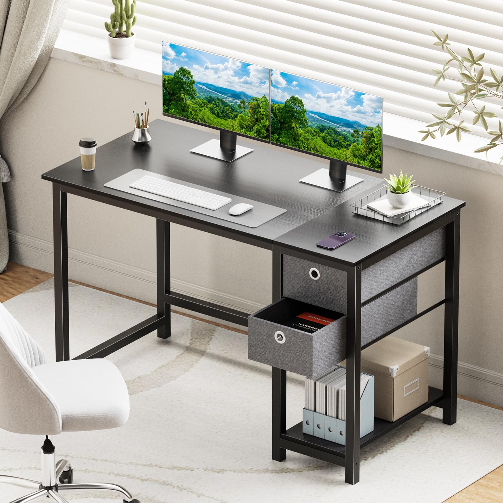 SMUG Computer Desk with Storage Drawers，Small Office Desk Modern Simple Study Writing Table for Home, Black 40 Inch