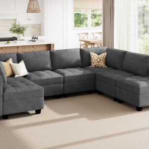 HONBAY Modular Sleeper Sectional Sofa Sectional Sleeper Couch with Storage Ottoman Reversible Modular Sofa for Living Room Dark Grey