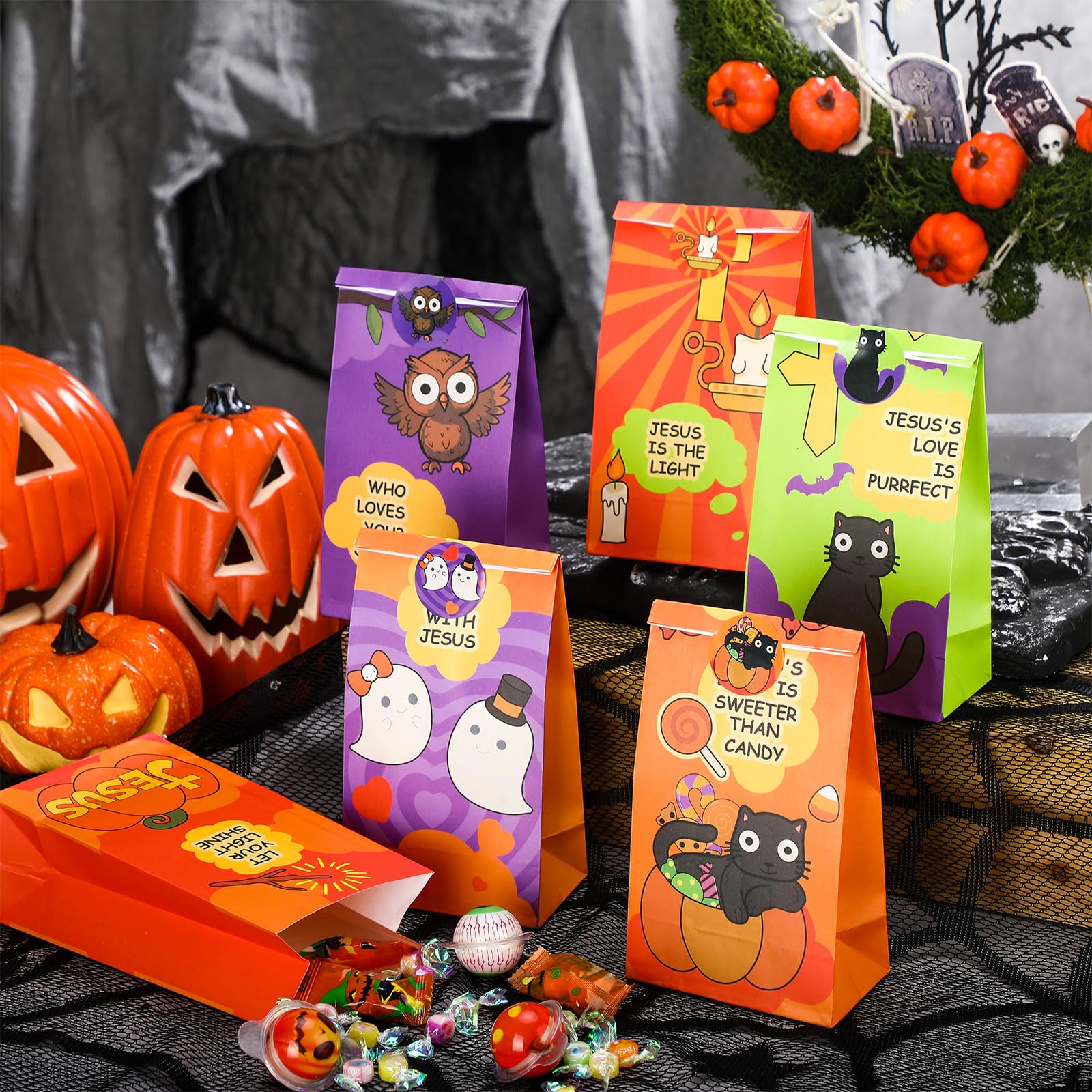 Spakon 36 Pcs Religious Halloween Candy Bag Party Favors with 36 Stickers Trick or Treat Candy Favor Bag Filler Paper Supplies for Religious Halloween Theme Party Decorations Gifts to Friends