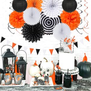 Black White Orange Halloween Party-Decorations - 33pcs Birthday Banner,Streamers Tassel Garland,Paper Lantern Fans,Tissue Pom Poms,Bachelorette Baby Bridal Shower Graduations Backdrop Decor Hugtmr