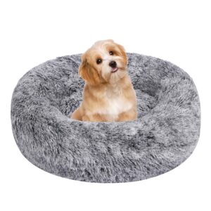 calming dog bed, dog beds fits up to 5 lbs pets, fluffy donut dog & cat bed washable, round anti anxiety dog bed, small dog bed with non-slip bottom (grey white, 17" x 17")