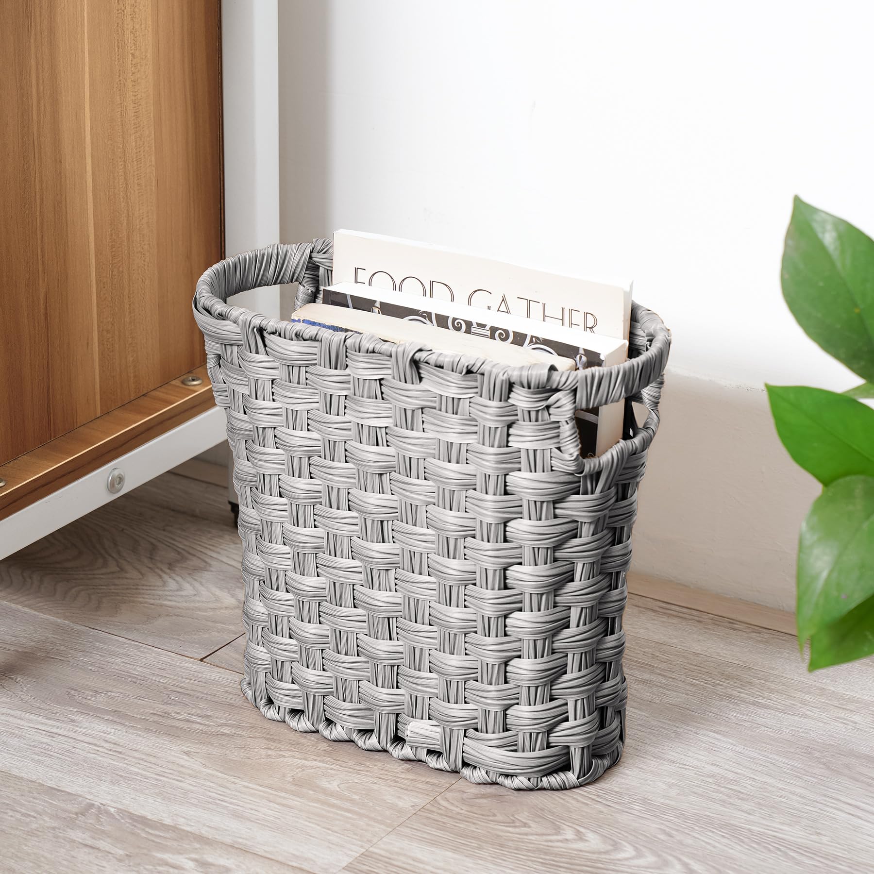 Wicker Waste Basket, Wicker Trash Can with Built-in Handles, Multifunctional Mini Wicker Basket for Home and Office, Compact Design and Durable Construction with Fine Artisanal Craftsmanship (Gray)