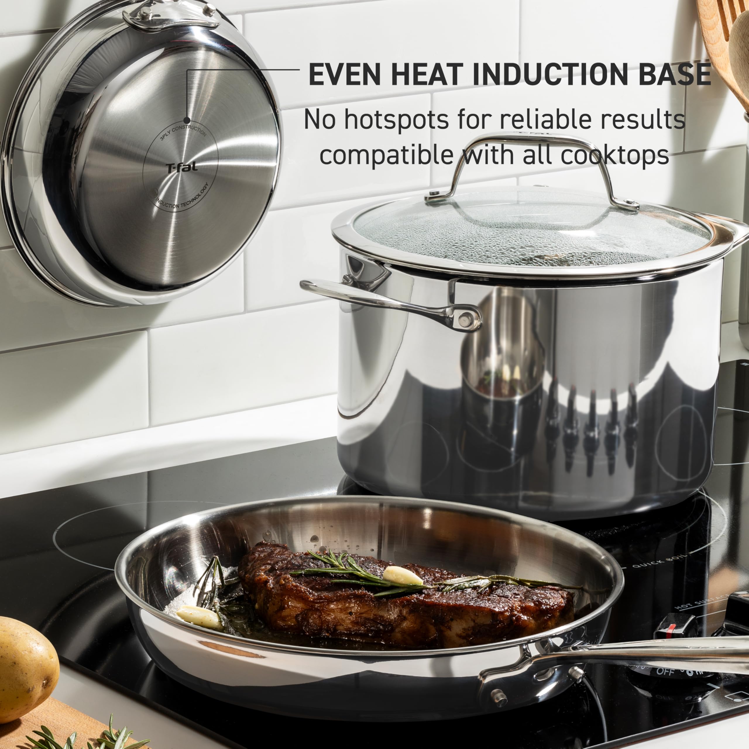 T-fal Pro Tri-Ply Stainless Steel Cookware Set 3 Piece, Induction Compatible, Oven Safe 500F, Fast & Even Heat, Professional Quality & Durability, Pots & Pans Set, Fry Pan Set, Dishwasher Safe, Silver