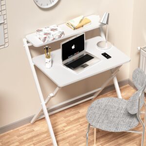 Vipass 2-Tier Folding Home Office Desk,Not Require Assembly,Space Saving Portable Laptop Study Foldable Table for Small Spaces,White