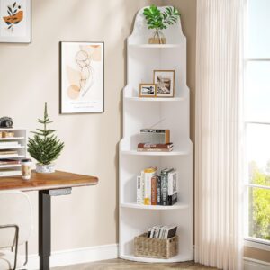 tribesigns 69" white corner shelf, 5-tier modern corner bookshelf, small bookcase plant stand storage rack with tower shape for living room, home office, kitchen