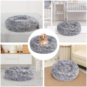 Calming Dog Bed, Dog Beds Fits up to 5 lbs Pets, Fluffy Donut Dog & Cat Bed Washable, Round Anti Anxiety Dog Bed, Small Dog Bed with Non-Slip Bottom (Grey White, 17" x 17")