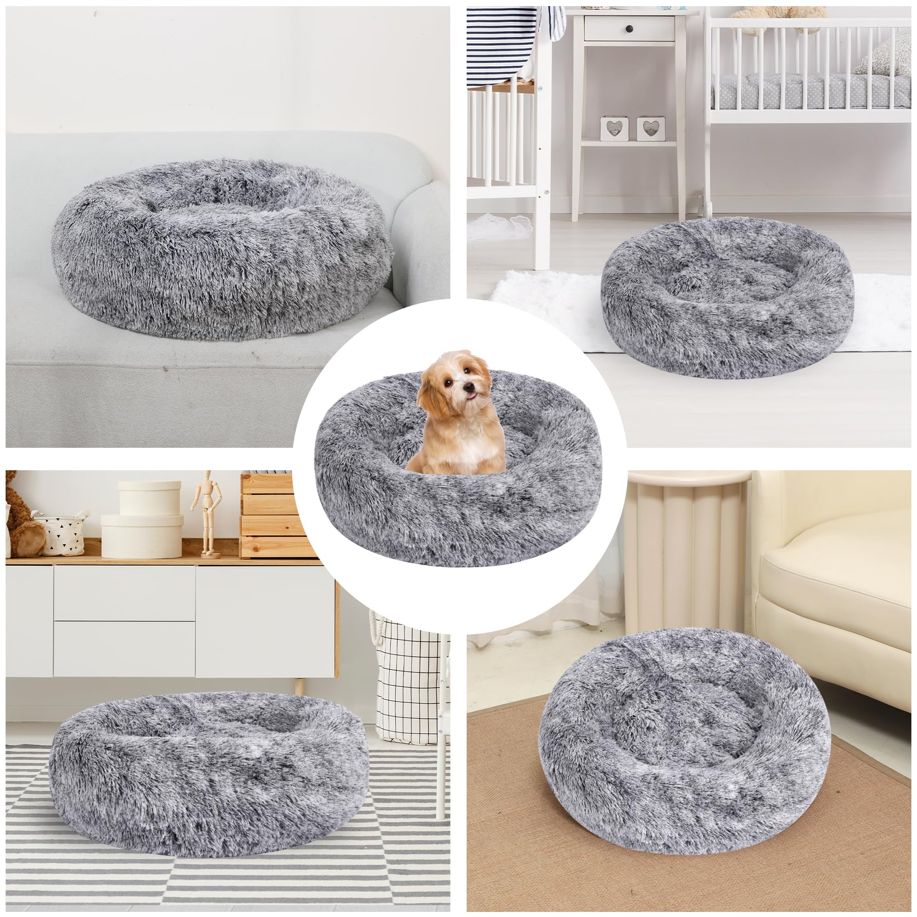 Calming Dog Bed, Dog Beds Fits up to 5 lbs Pets, Fluffy Donut Dog & Cat Bed Washable, Round Anti Anxiety Dog Bed, Small Dog Bed with Non-Slip Bottom (Grey White, 17" x 17")