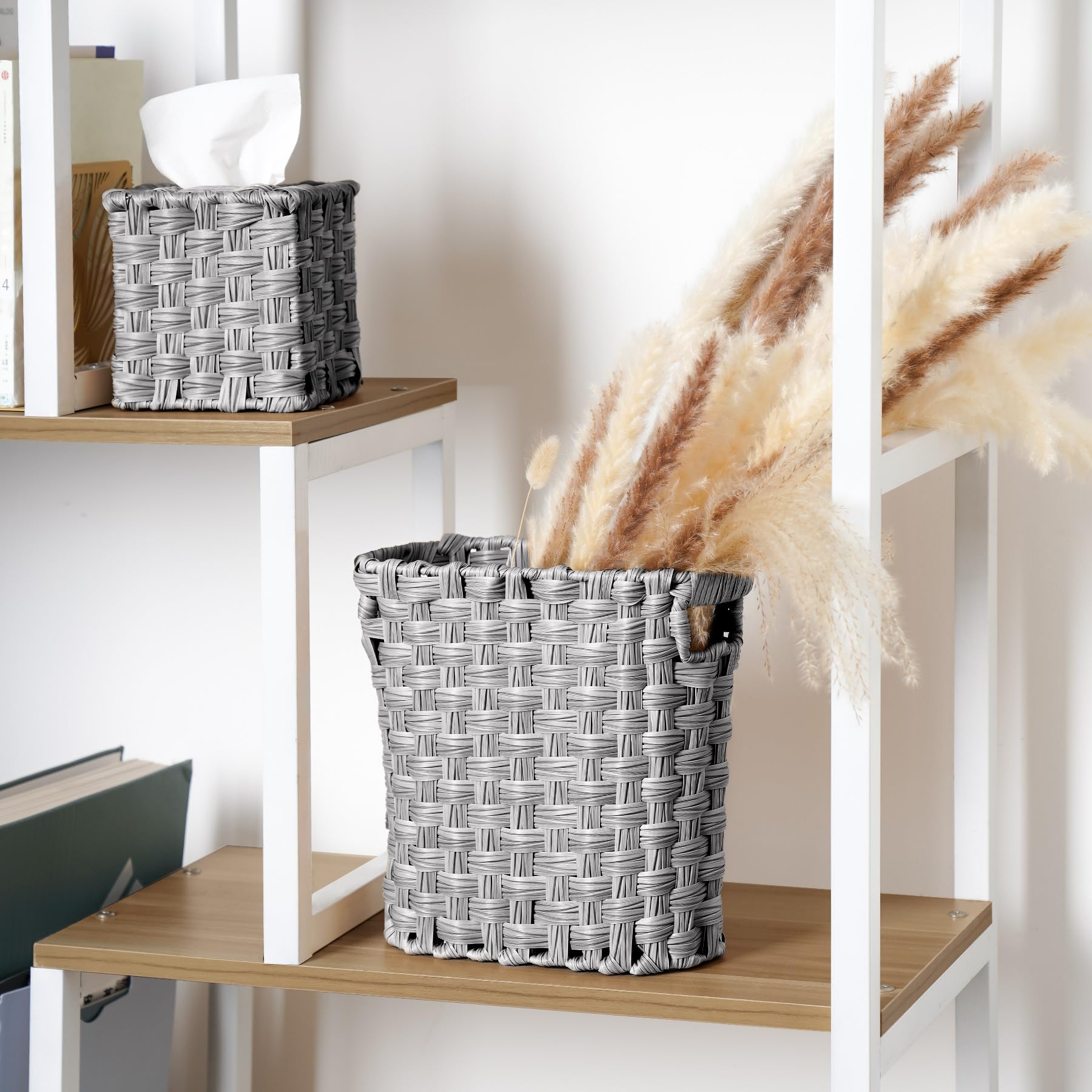 Wicker Waste Basket, Wicker Trash Can with Built-in Handles, Multifunctional Mini Wicker Basket for Home and Office, Compact Design and Durable Construction with Fine Artisanal Craftsmanship (Gray)