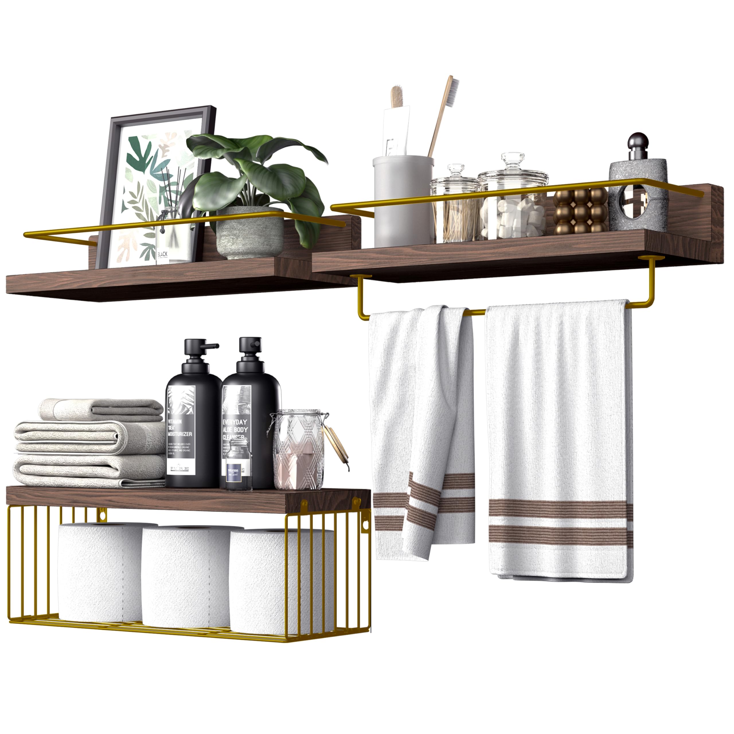 PopiShelves Bathroom Shelves Over Toilet for Wall, Floating Shelves with Storage Basket Paper Holer for Kitchen Living Room, Bedroom & Classroom, Set of 3 (Brown and Gold)