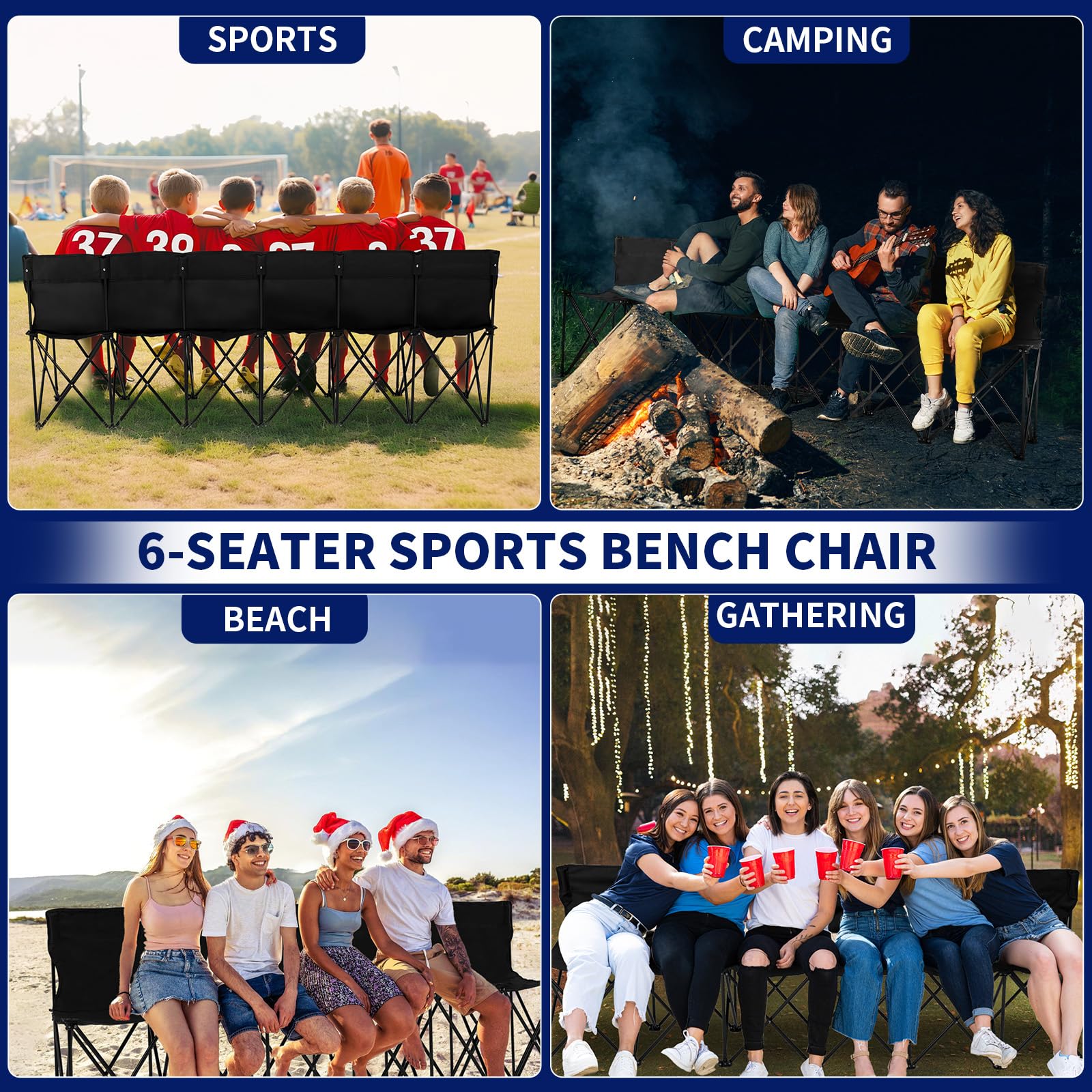 NAIZEA 6-Seater Sports Bench, Folding Bench Chair Sideline Bench with Back, Stadium Seats Camping Chairs Portable Team Bench for Soccer & Football Sidelines, Tailgating, Camping & Events